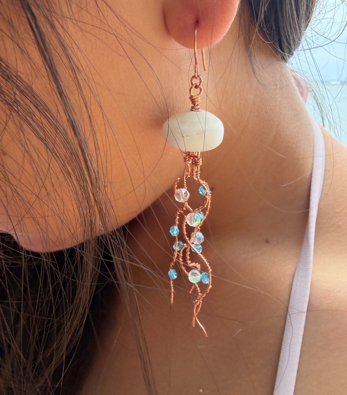 Blue Czech Glass & Hawaiian Puka Shell Earring